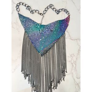 Metal Mesh Bib Necklace with Chain Fringe